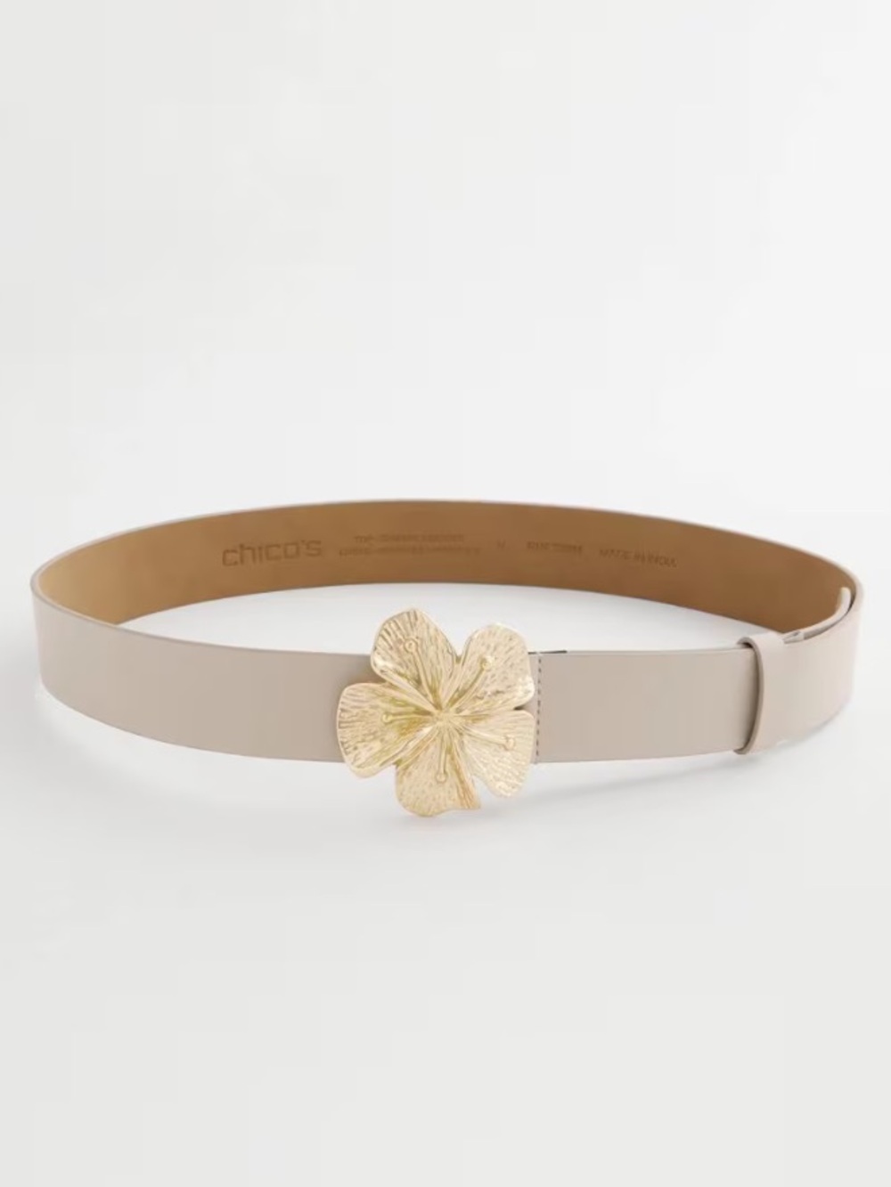 Chico's Floral Buckle Beige Leather Trouser Belt Sz L 40β-44β